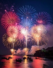 Fototapeta premium Colorful New Year celebration with a vibrant fireworks display exploding over the city river, creating glowing reflections on the water under the night sky during a festive holiday event