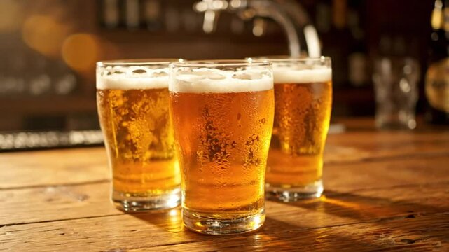 Three refreshing pints of cold beer with a foamy head sit on a wooden bar in a pub