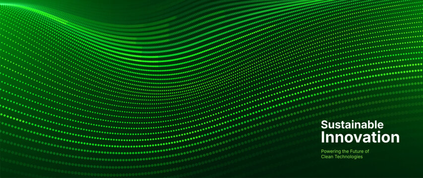 Green Tech Innovation Energy Abstract Background with Flowing Dots Futuristic Grid. Sustainable Technology Eco Clean Energy Concept. Vector Illustration.