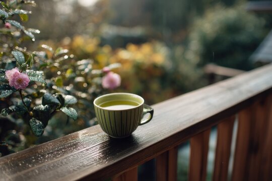 Early-morning Japanese veranda scene with single cup of sencha on wooden railing