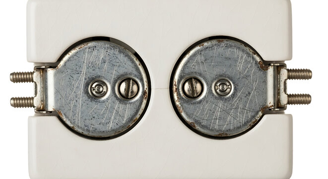 Two small old silver potentiometers with pins mounted on a white plastic base, close-up isolated on transparent background
