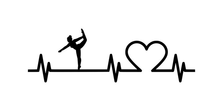 Yoga heartbeat icon. Gymnast silhouette and heart rate symbol. Fitness and wellness logo design. Vector illustration isolated on white background.