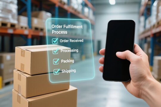 Order fulfillment process shown smartphone warehouse with stacked cardboard boxes for supply chain logistic delivery packaging fragile smart