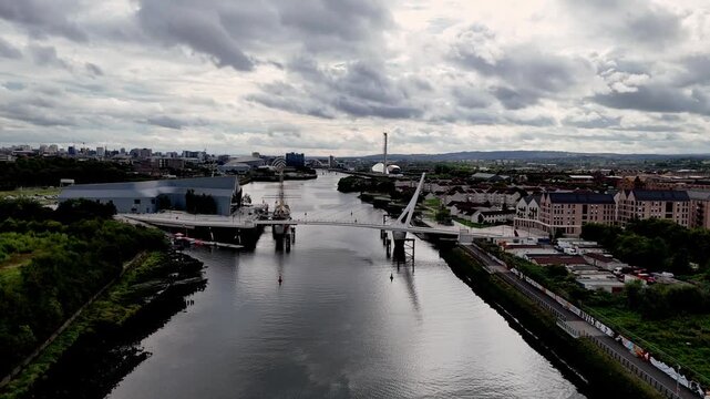 Aerial fly toward Govan across the River Clyde in Glasgow