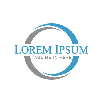 Blue and gray circular swoosh logo template with lorem ipsum text