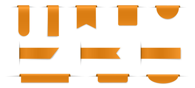 Set of orange bookmarks with shadows. Bent paper strips for marking pages. Long and short labels	