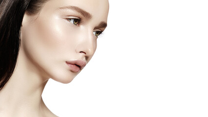 Fototapeta premium CloseUp Profile Portrait Woman Glowing Skin With Porcelain Complexion, Sculpted Cheekbones, Subtle Highlight On Cheekbone, Neutral Makeup, Beauty Style perfect for Cosmetics, Aesthetic Cosmetology