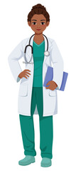 Fototapeta premium Professional female doctor with stethoscope and clipboard representing healthcare excellence and medical practitioner expertise. Full Body Flat Vector Illustration