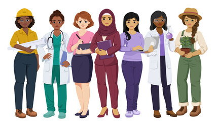 Obraz premium Diverse professional women of different ethnicities and careers standing together for female empowerment and workplace inclusion concept