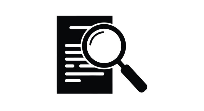 Black icon depicting a document with a magnifying glass inspecting it
