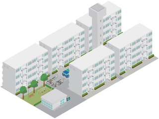 給水塔と集会所のある昭和レトロな団地住宅街のアイソメトリックイラスト