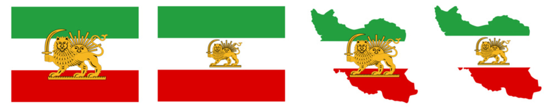 Tricolour flag of Iran 1886 with country map silhouettes in green, white and red, historical Persian national symbol representing Iran&rsquo;s identity, culture, heritage and nationhood