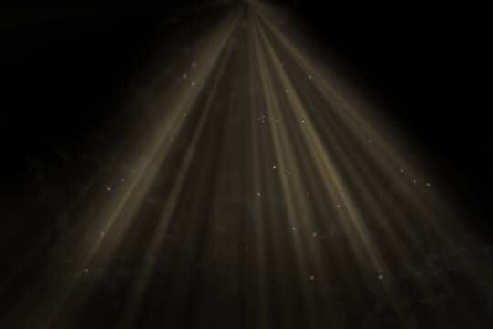 Cinematic golden sun rays overlay with dust motes and smoke on black background