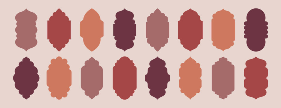 Old mosque window shapes in oriental arabic style. Islamic arch doors and frames, arabian geometric silhouettes. Set of muslim architecture elements, moroccan minimal gate. Ramadan kareem label design