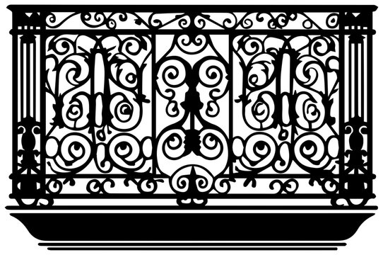 Ornate wrought iron balcony railing with scrollwork design on white background