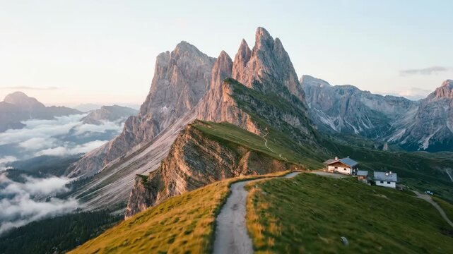 Mountain path winding along a dramatic ridge with a steep drop-off, offering panoramic views of the seceda peaks and the surrounding dolomites landscape with charming alpine huts and clouds below