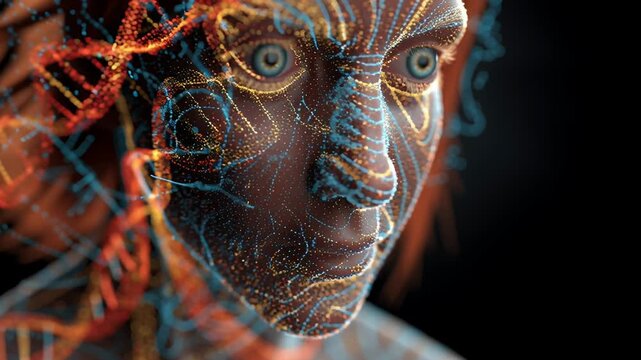 A woman's face is shown in a computer generated image with a lot of red, blue and yellow lines. Human profile illuminated by flowing genetic code patterns, cognition and biology integration concept