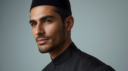 Obraz premium A handsome man with a beard wearing a black traditional cap and garment, looking thoughtfully to the side.