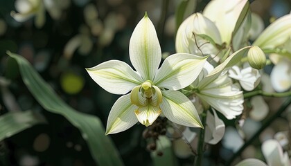 Fototapeta premium Elegant white orchid blossom in soft light, perfect for botanical designs, serene backgrounds, and sophisticated floral themes, bringing nature's beauty indoors