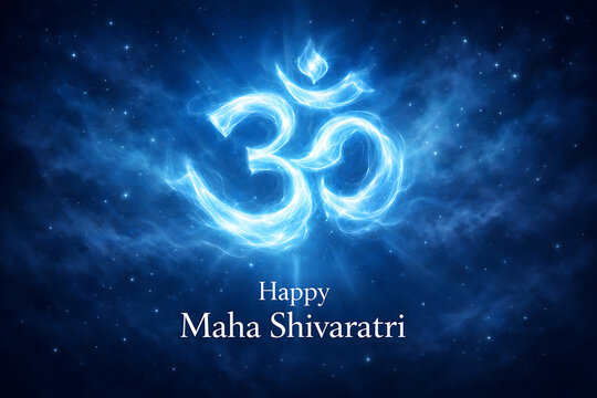 Glowing Om symbol on starry night sky for Maha Shivaratri celebration