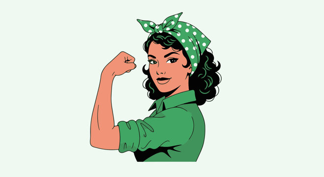 Empowered Woman with Bandana Flexing Arm Iconic Rosie the Riveter Style Representing Strength and Determination Retro Pop Art Aesthetic in Vibrant Green and Peach Tones