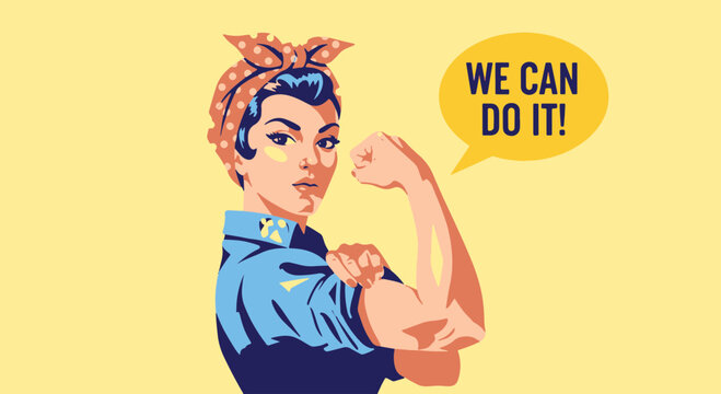 Iconic Rosie the Riveter Flexing Bicep with we Can Do It Slogan Representing Female Strength Empowerment and Collective Effort in a Retro Pop Art Style