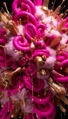 Abstract 3D Art Composition Featuring Hot Pink Swirls, Soft Pink Textures, and Dripping Gold Elements Against a Black Background