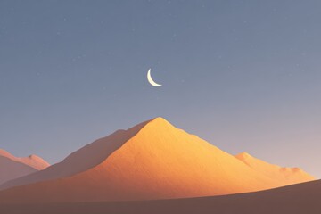A mountain range with a crescent in the sky