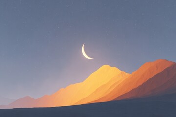 A mountain with a crescent in the sky