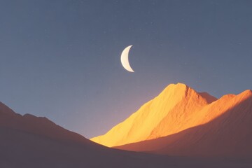 A moon is seen over the mountains in this image