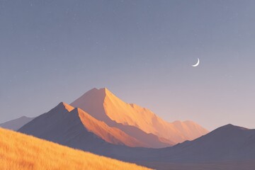 A mountain range with a moon in the sky