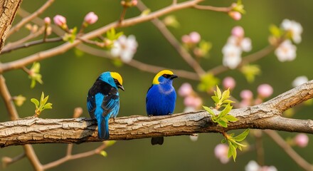 Two vibrant blue and yellow tanagers rest peacefully on a blossoming branch.