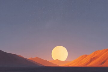 A painting of a mountain range with a full moon