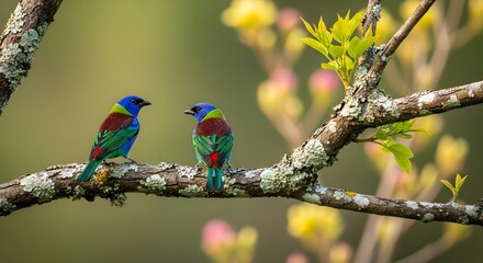 Two brilliant painted buntings converse on a lichen-covered tree branch.