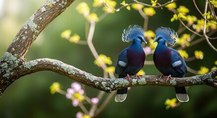 A magnificent pair of Victoria crowned pigeons face each other on a branch.