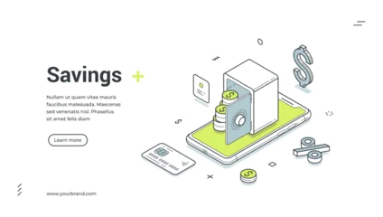 Fotobehang Onderzeeër Savings web banner. Isometric template for a landing page about mobile banking. Vector illustration shows a smartphone with a safe and coins. For online financial services and personal investment  © provectors