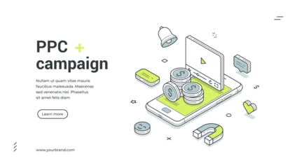 Fotobehang Onderzeeër PPC campaign web banner. Isometric template for a landing page about digital marketing. Vector illustration shows a smartphone with coins, magnet, and video. For pay-per-click online advertising  © provectors