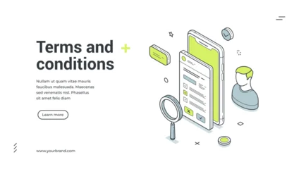 Fotobehang Onderzeeër Terms and conditions web banner. Isometric vector illustration of a smartphone with a user agreement document. Modern template for a landing page about privacy policy and legal rules for users  © provectors