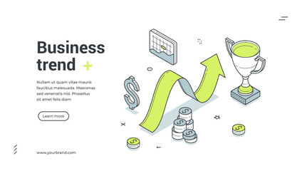 Obraz na płótnie Canvas Business trend web banner. Isometric template for a landing page on financial growth. Vector illustration with rising arrow graph, trophy, coins. For market success and investment analysis