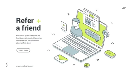 Fotobehang Onderzeeër Refer a friend web banner. Isometric template for a landing page on affiliate marketing. Vector illustration with a laptop, user profile, and ads. For customer loyalty and bonus program concepts  © provectors