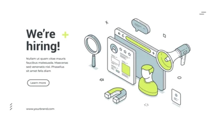Fotobehang Onderzeeër We're hiring web banner. Isometric template for a landing page on human resources. Vector illustration with a candidate profile for job search and recruitment concepts  © provectors