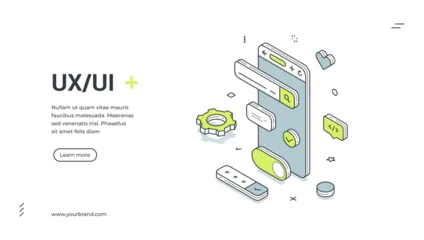 Fotobehang Berken UX UI design web banner. Isometric template for a landing page on user experience. Vector illustration with a smartphone and interface elements for app development and prototyping  © provectors