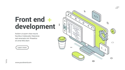 Fotobehang Onderzeeër Front end development web banner. Isometric template for a landing page on programming. Vector illustration with a computer, code, and coffee for website creation concepts  © provectors