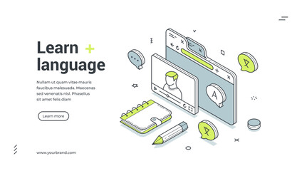 Learn language web banner. Isometric template for a landing page on online education. Vector illustration with a video lesson for e-learning and distance courses © provectors