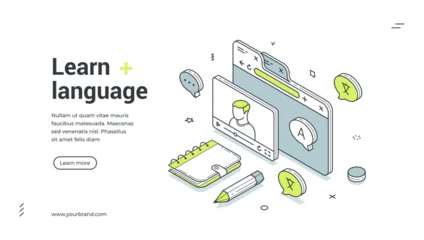 Fotobehang Onderzeeër Learn language web banner. Isometric template for a landing page on online education. Vector illustration with a video lesson for e-learning and distance courses  © provectors
