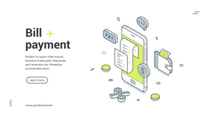Fototapeta na wymiar Bill payment web banner. Isometric template for a landing page on online finance and e-payment. Vector illustration with smartphone, wallet, receipt for financial transactions and banking service