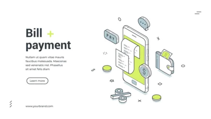 Fotobehang Restaurant Bill payment web banner. Isometric template for a landing page on online finance and e-payment. Vector illustration with smartphone, wallet, receipt for financial transactions and banking service  © provectors