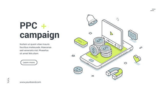 PPC campaign web banner. Isometric template for a landing page about digital marketing. Vector illustration shows a smartphone with coins, magnet, and video. For pay-per-click online advertising