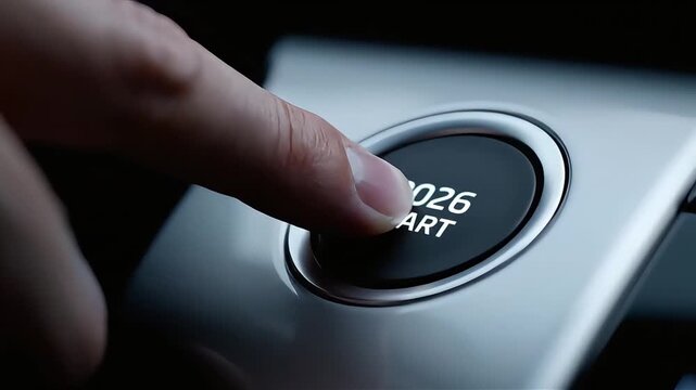 Finger Pressing Futuristic Start Button Marked 2026, Symbolizing New Year, Innovation, Technology and Future Beginning in 4K