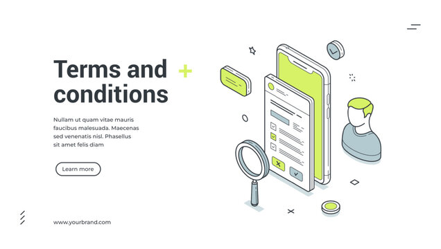 Terms and conditions web banner. Isometric vector illustration of a smartphone with a user agreement document. Modern template for a landing page about privacy policy and legal rules for users